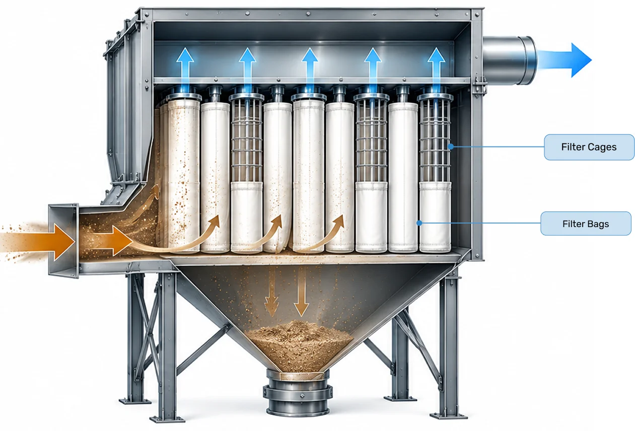 Dust collector filter bags and cages diagram